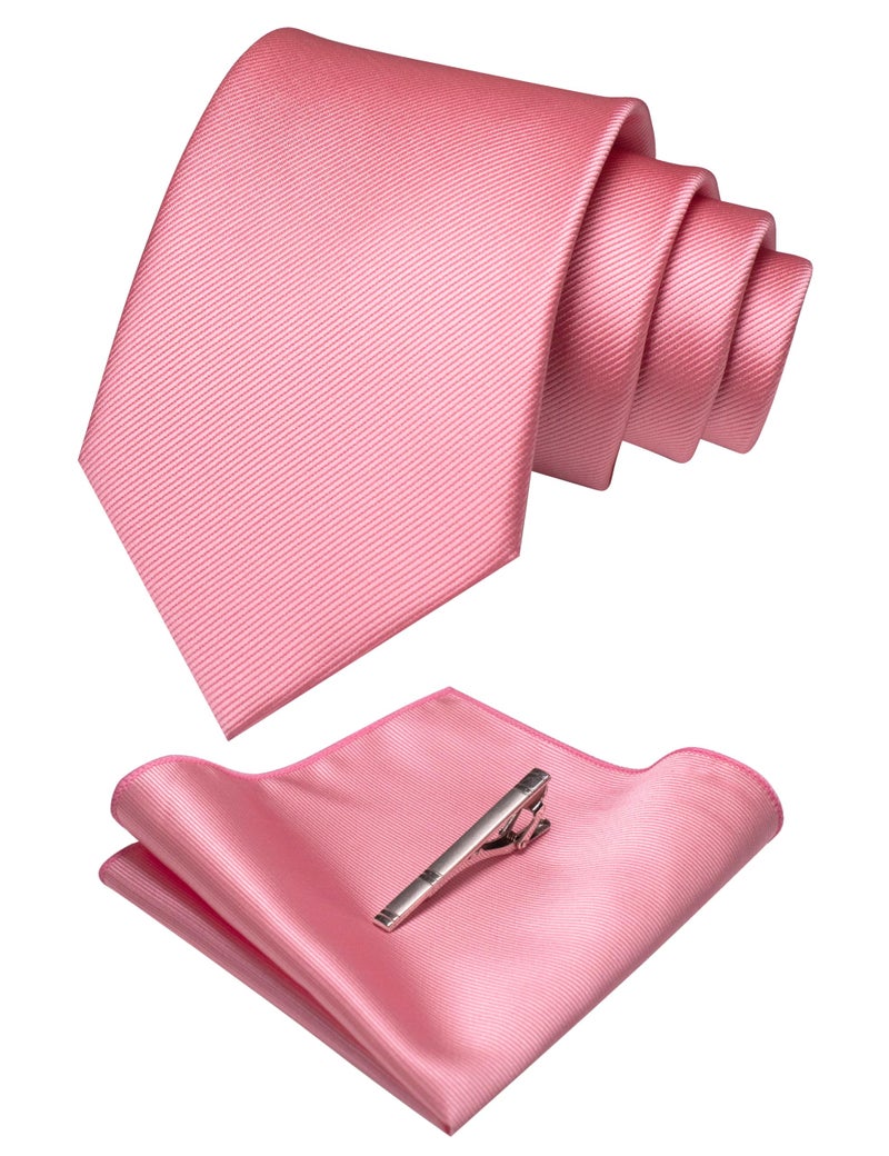 JEMYGINS Pink Formal Necktie and Pocket Square Tie Clip Sets for Men (37) - Image 1